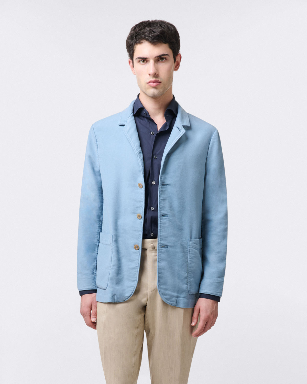FransM over shirt in fustain. Beige or Light Blue. Garment dyed