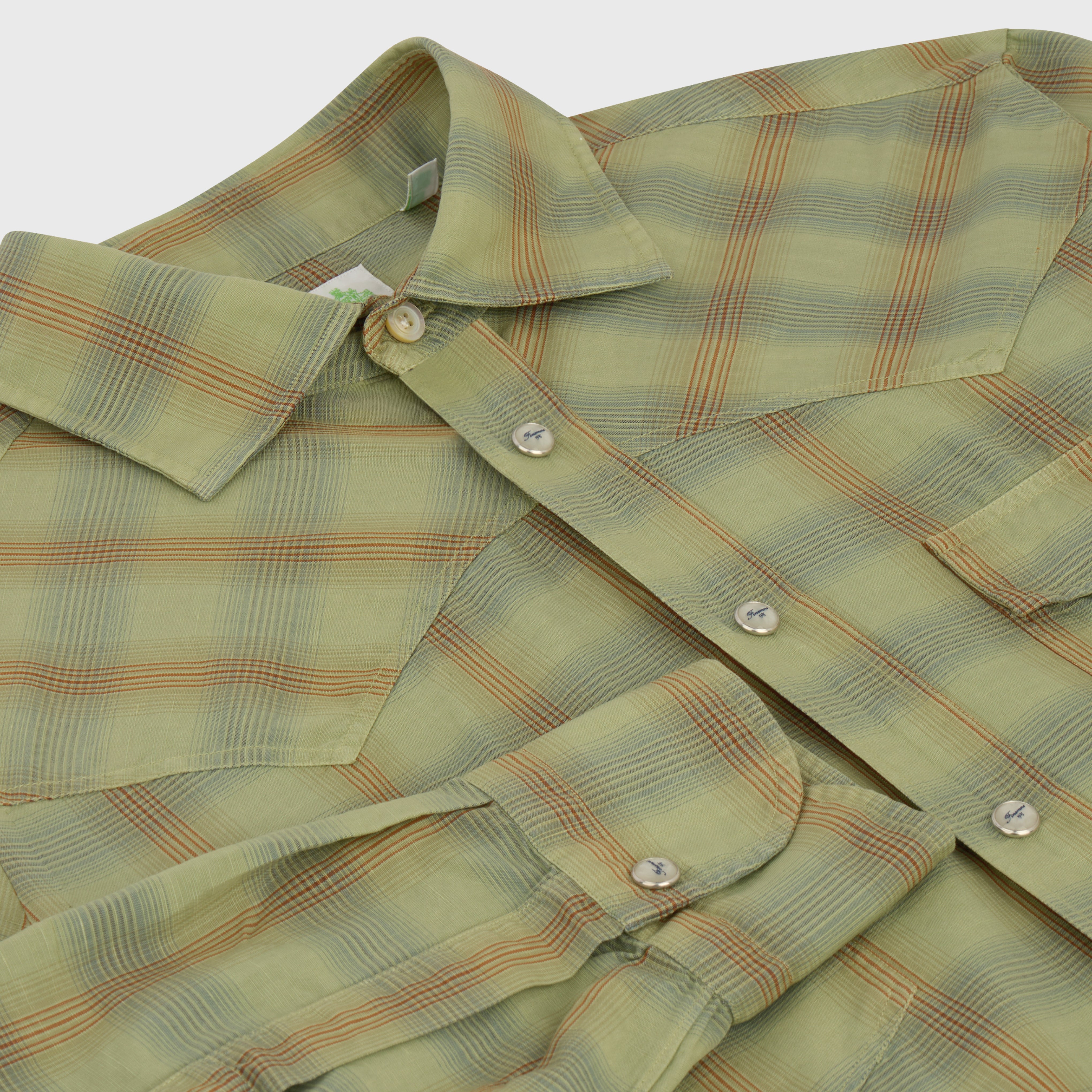Gaeta western shirt regular fit cotton-linen sage green check garment dyed Luigi collar
