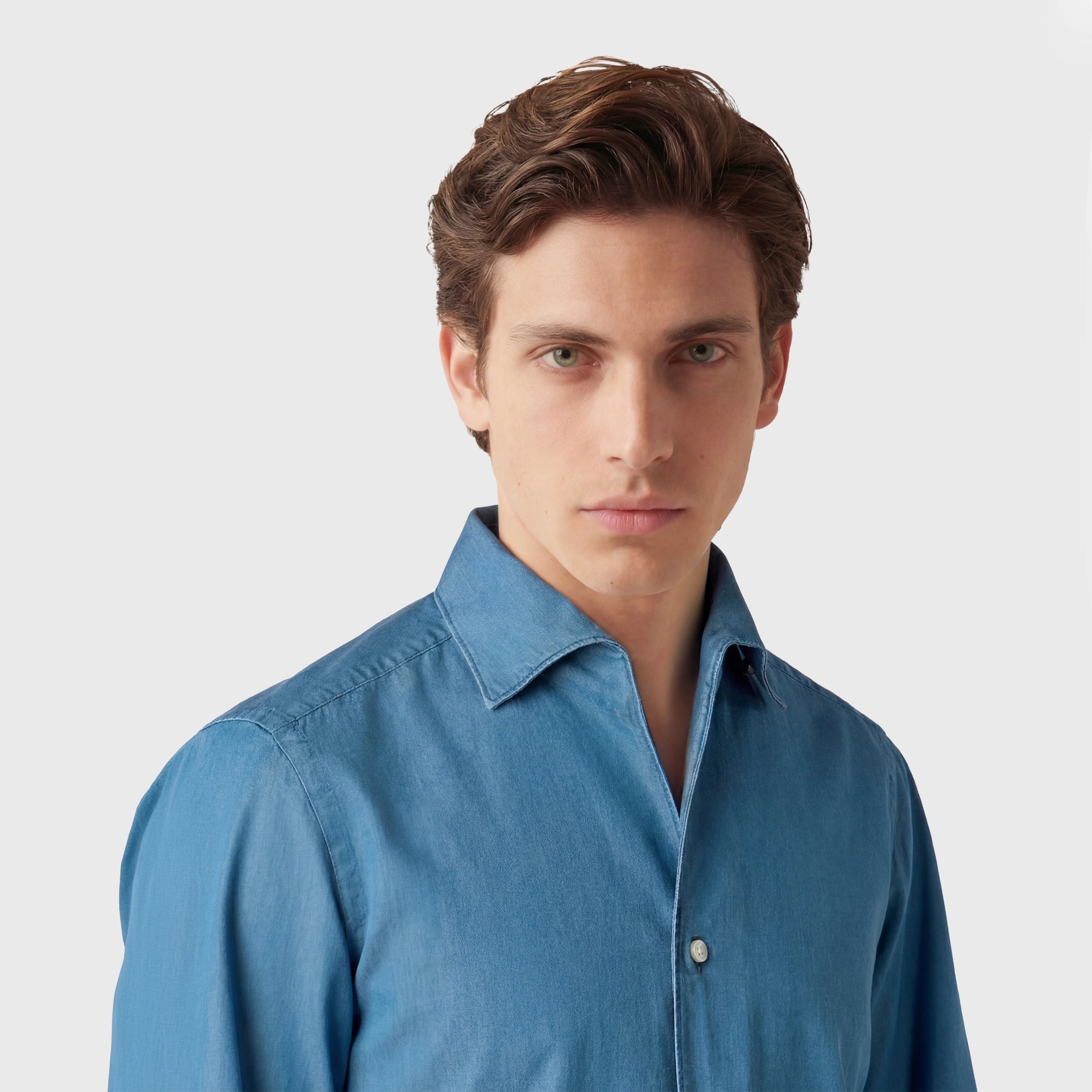Classic slim fit Milano denim shirt. One Piece Collar