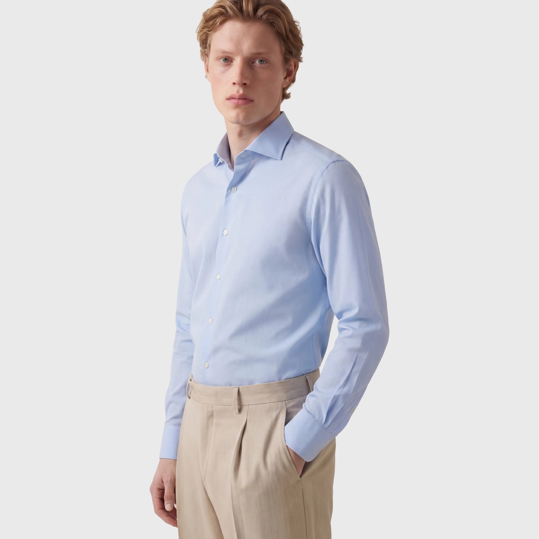 Classic regular Naples shirt in light blue cotton French collar